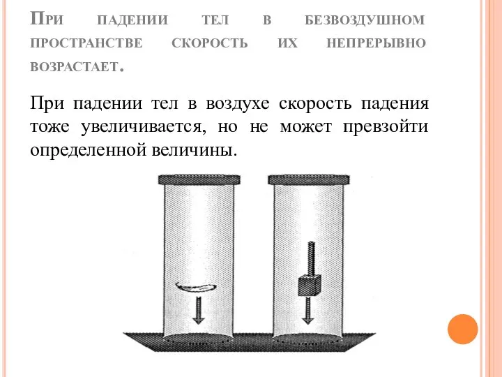 При падении тел в безвоздушном пространстве скорость их непрерывно возрастает. При