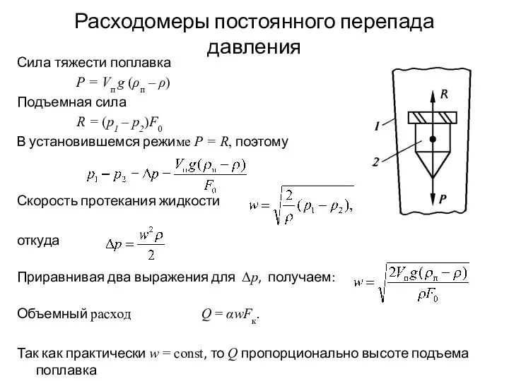 Расходомеры постоянного перепада давления Сила тяжести поплавка P = Vп g