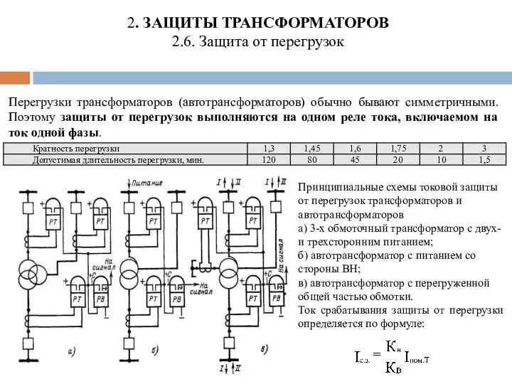 2. ЗАЩИТЫ ТРАНСФОРМАТОРОВ 2.6. Защита от перегрузок Перегрузки трансформаторов (автотрансформаторов) обычно