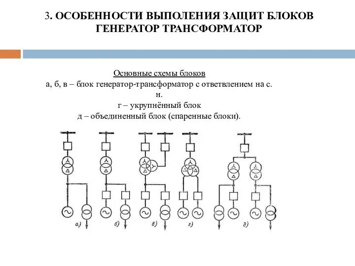 3. ОСОБЕННОСТИ ВЫПОЛЕНИЯ ЗАЩИТ БЛОКОВ ГЕНЕРАТОР ТРАНСФОРМАТОР Основные схемы блоков а,