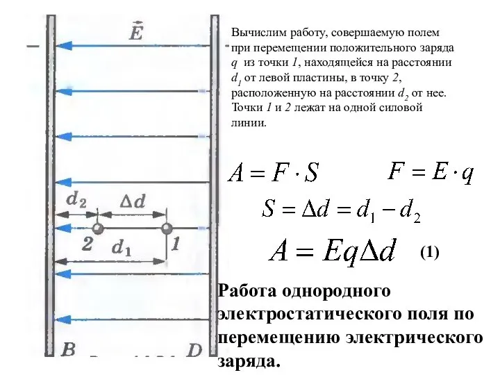 Работа однородного электростатического поля по перемещению электрического заряда. Вычислим работу, совершаемую