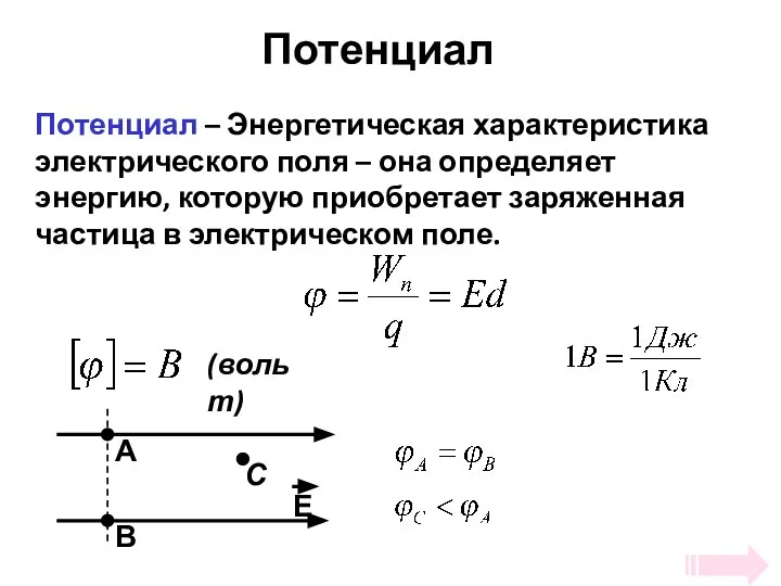 Потенциал Потенциал – Энергетическая характеристика электрического поля – она определяет энергию,