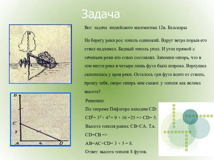 Вот задача индийского математика 12в. Бхаскары На берегу реки рос тополь