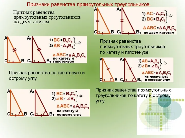 Признаки равенства прямоугольных треугольников. Признак равенства прямоугольных треугольников по двум катетам