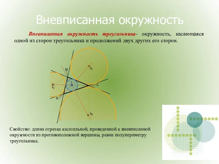 Вневписанная окружность Вневписанная окружность треугольника- окружность, касающаяся одной из сторон треугольника