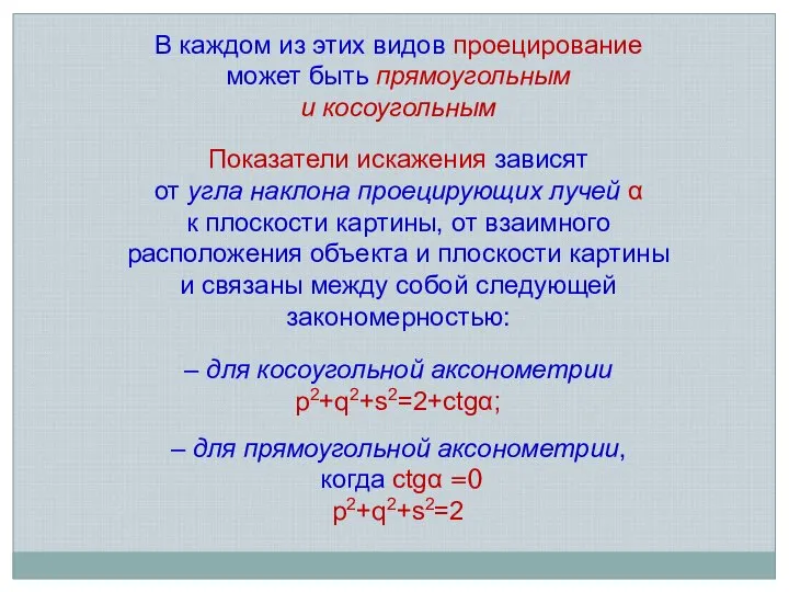 В каждом из этих видов проецирование может быть прямоугольным и косоугольным