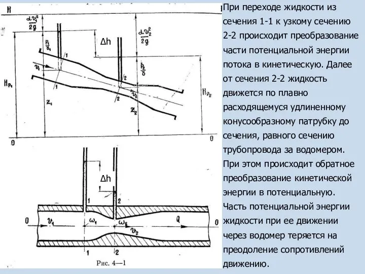 Δh Δh При переходе жидкости из сечения 1-1 к узкому сечению