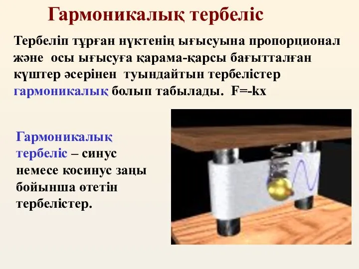 Гармоникалық тербеліс Тербеліп тұрған нүктенің ығысуына пропорционал және осы ығысуға қарама-қарсы