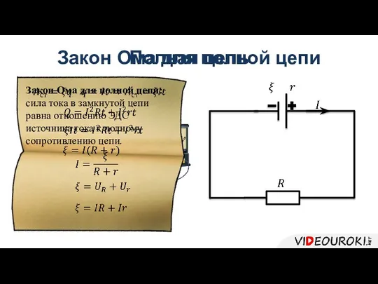 Полная цепь Закон Ома для полной цепи: сила тока в замкнутой