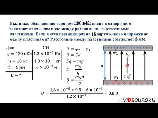 Пылинка, обладающая зарядом 120 нКл, висит в однородном электростатическом поле между