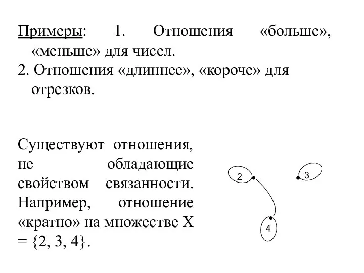 Примеры: 1. Отношения «больше», «меньше» для чисел. 2. Отношения «длиннее», «короче»