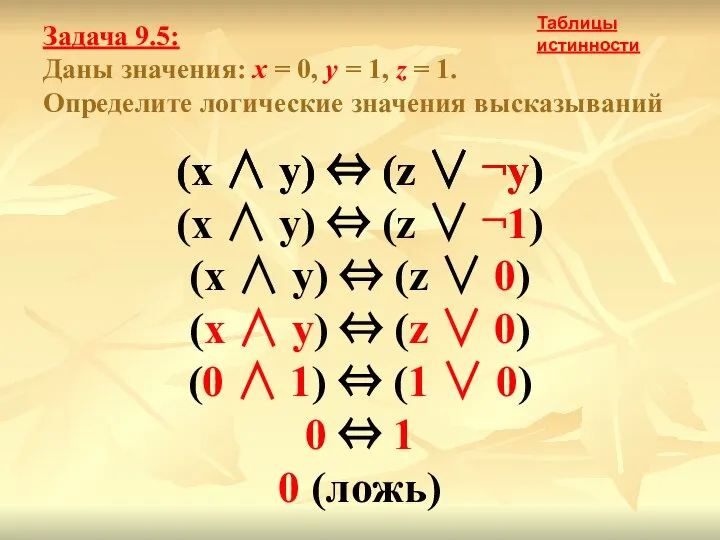 Задача 9.5: Даны значения: x = 0, y = 1, z