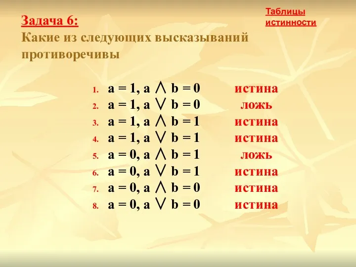 Задача 6: Какие из следующих высказываний противоречивы a = 1, a