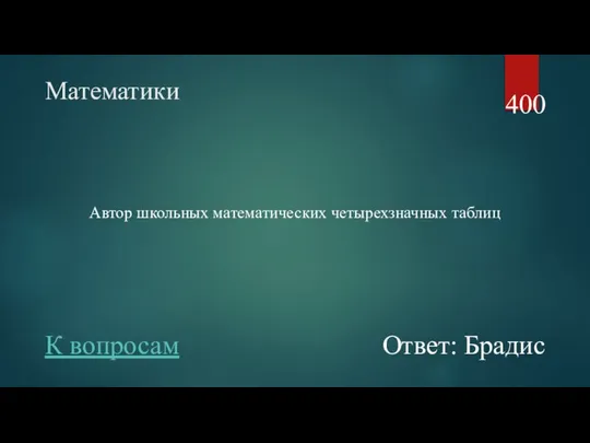 Математики Автор школьных математических четырехзначных таблиц 400 Ответ: Брадис К вопросам