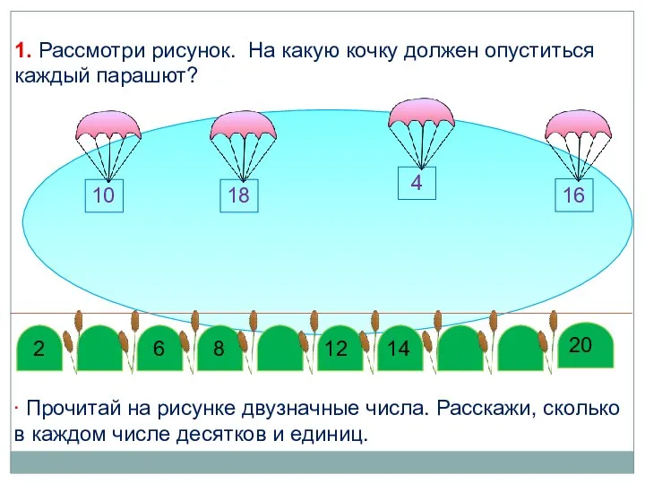 1. Рассмотри рисунок. На какую кочку должен опуститься каждый парашют? ∙