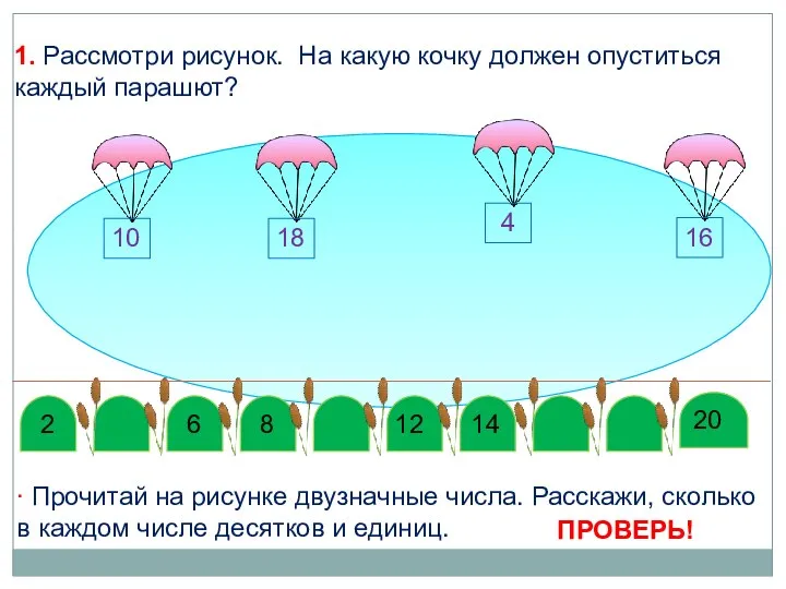 1. Рассмотри рисунок. На какую кочку должен опуститься каждый парашют? ∙