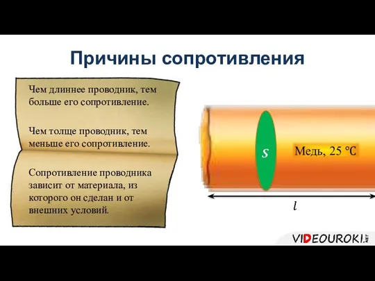 Причины сопротивления Чем длиннее проводник, тем больше его сопротивление. Чем толще