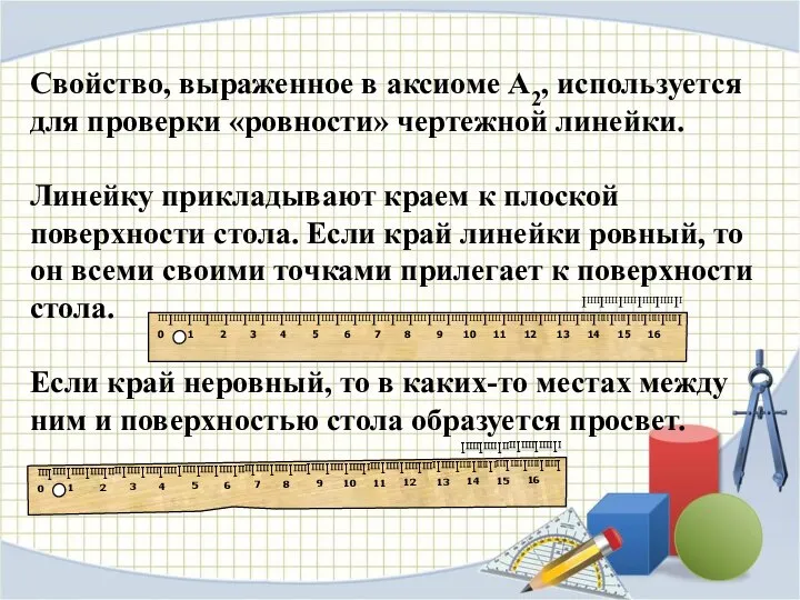 Свойство, выраженное в аксиоме А2, используется для проверки «ровности» чертежной линейки.