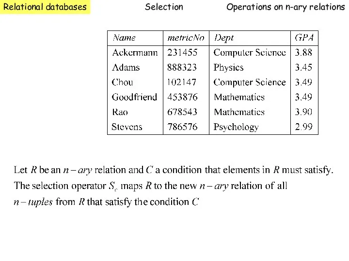 Relational databases Operations on n-ary relations Selection