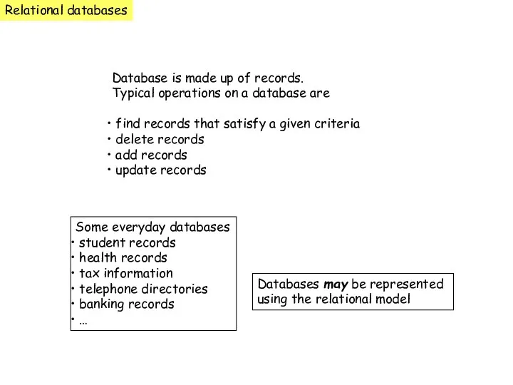 Relational databases Database is made up of records. Typical operations on