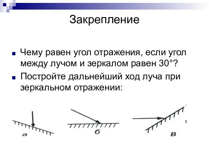 Закрепление Чему равен угол отражения, если угол между лучом и зеркалом