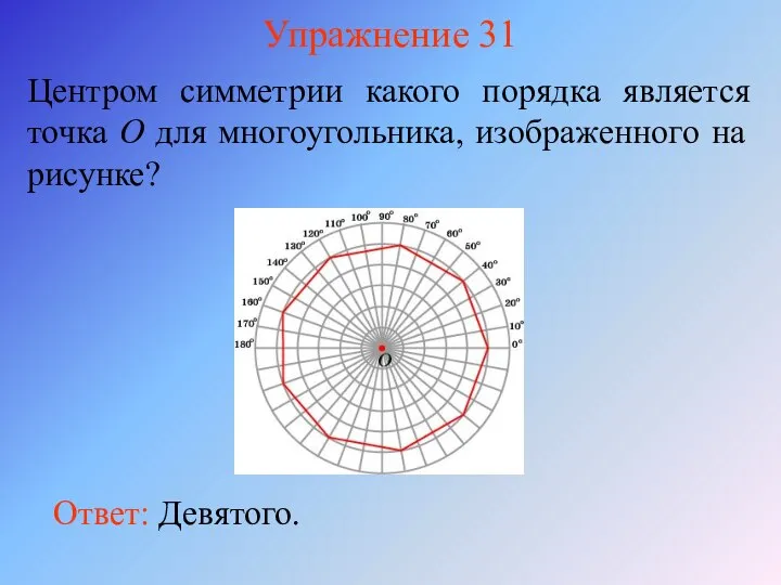 Упражнение 31 Центром симметрии какого порядка является точка O для многоугольника, изображенного на рисунке? Ответ: Девятого.