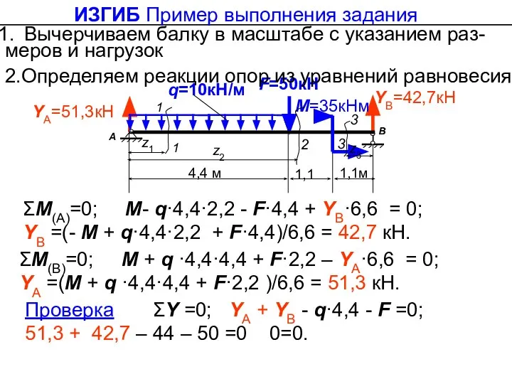 2.Определяем реакции опор из уравнений равновесия ΣM(A)=0; M- q·4,4·2,2 - F·4,4