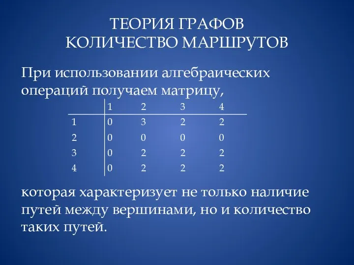 ТЕОРИЯ ГРАФОВ КОЛИЧЕСТВО МАРШРУТОВ При использовании алгебраических операций получаем матрицу, которая
