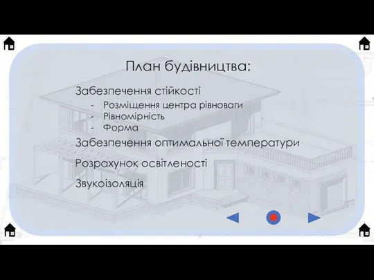 План будівництва: Забезпечення стійкості Забезпечення оптимальної температури Розрахунок освітленості Звукоізоляція Розміщення центра рівноваги Рівномірність Форма