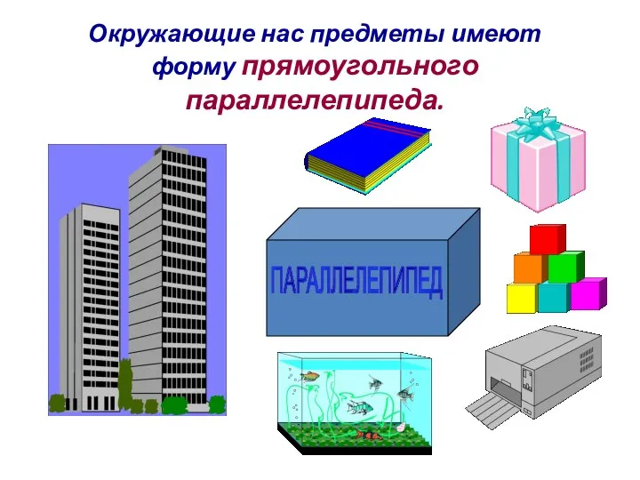 Окружающие нас предметы имеют форму прямоугольного параллелепипеда. ПАРАЛЛЕЛЕПИПЕД