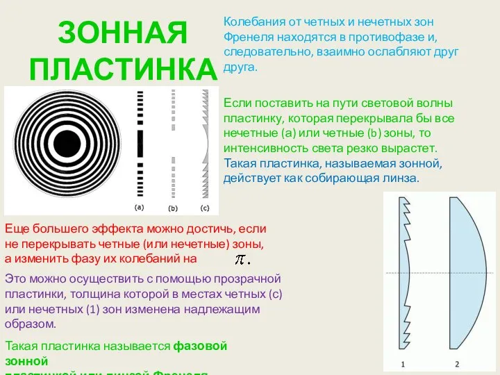 ЗОННАЯ ПЛАСТИНКА Колебания от четных и нечетных зон Френеля находятся в