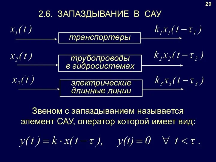 2.6. ЗАПАЗДЫВАНИЕ В САУ 29 Звеном с запаздыванием называется элемент САУ, оператор которой имеет вид: