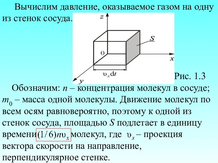 Вычислим давление, оказываемое газом на одну из стенок сосуда. Рис. 1.3