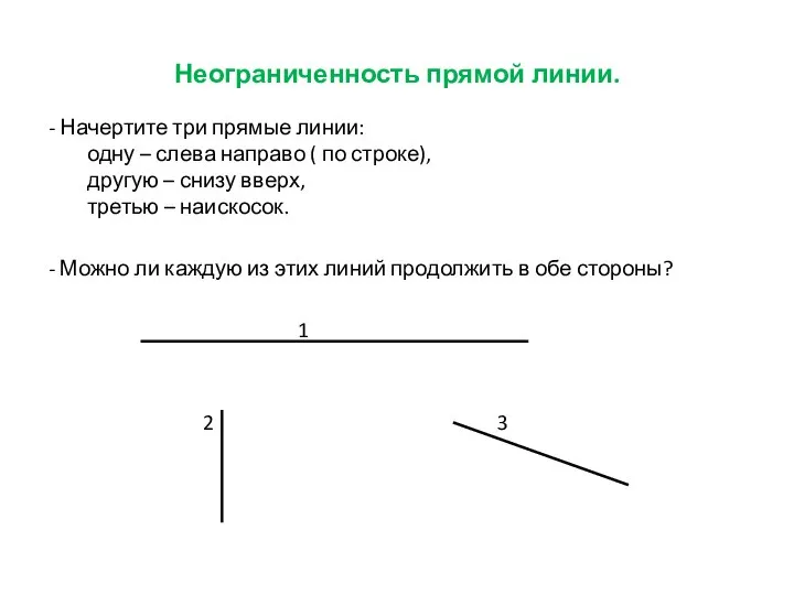 Неограниченность прямой линии. - Начертите три прямые линии: одну – слева