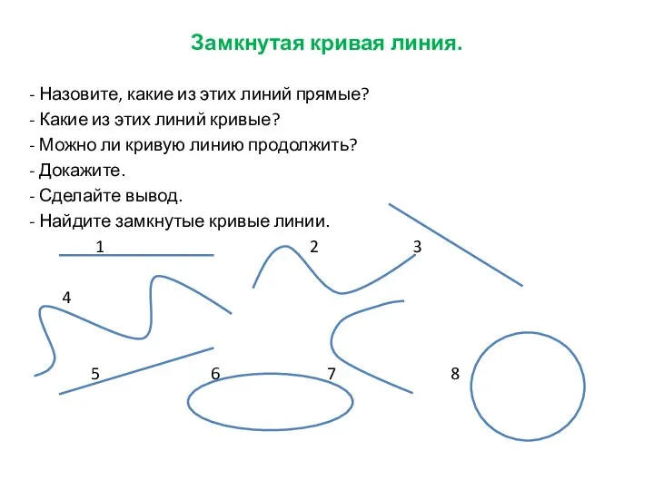 Замкнутая кривая линия. - Назовите, какие из этих линий прямые? -