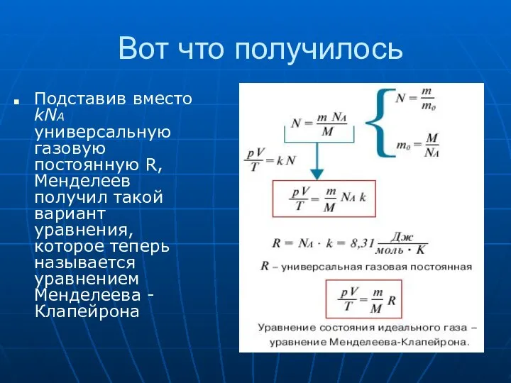 Вот что получилось Подставив вместо kNA универсальную газовую постоянную R, Менделеев