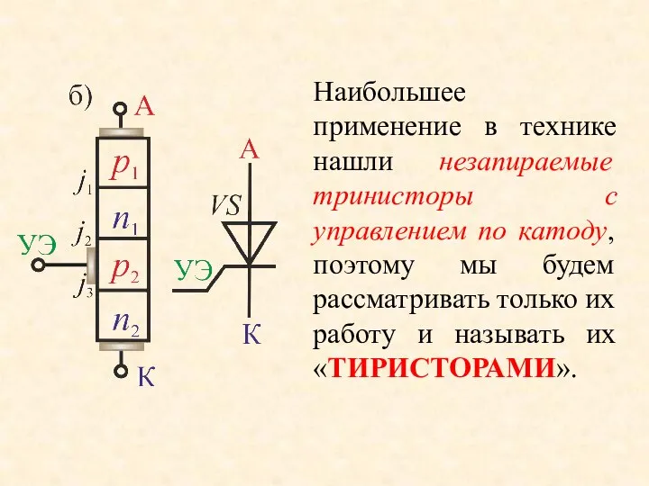 Наибольшее применение в технике нашли незапираемые тринисторы с управлением по катоду,