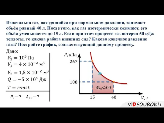 Изначально газ, находящийся при нормальном давлении, занимает объём равный 40 л.