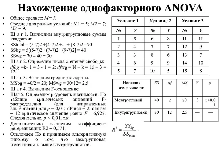 Нахождение однофакторного ANOVA Общее среднее: М= 7. Среднее для разных условий: