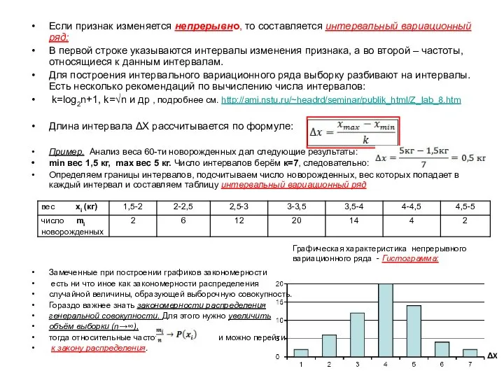 Если признак изменяется непрерывно, то составляется интервальный вариационный ряд: В первой