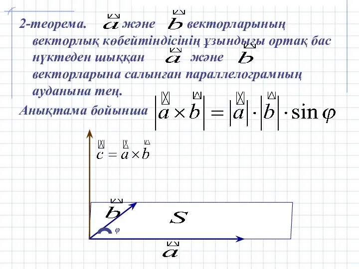 2-теорема. және векторларының векторлық көбейтіндісінің ұзындығы ортақ бас нүктеден шыққан және