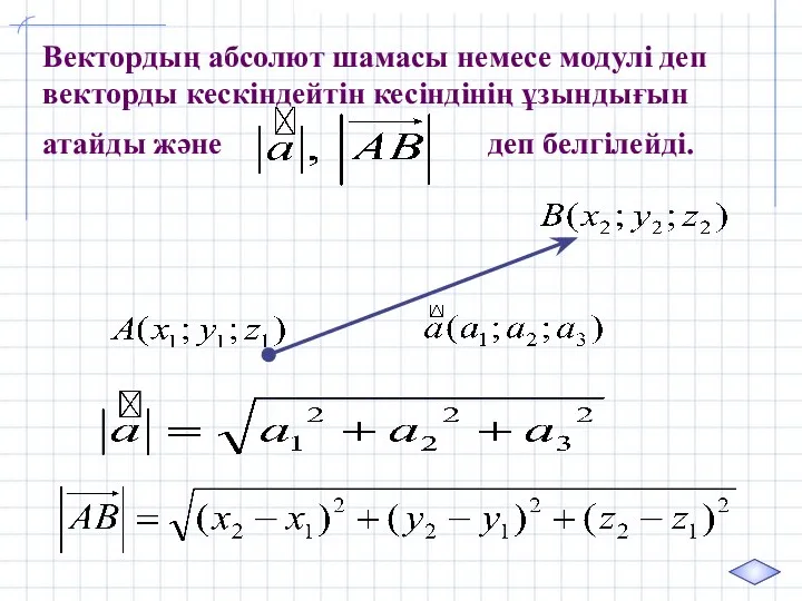 Вектордың абсолют шамасы немесе модулі деп векторды кескіндейтін кесіндінің ұзындығын атайды және деп белгілейді.