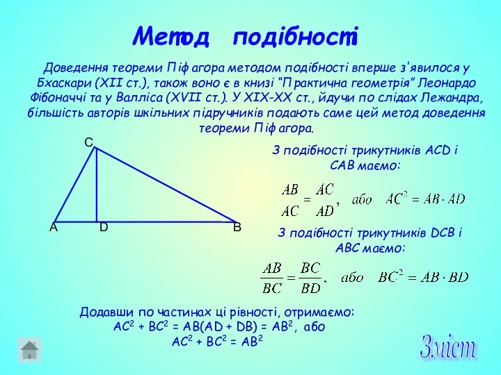 Метод подібності Доведення теореми Піфагора методом подібності вперше з'явилося у Бхаскари