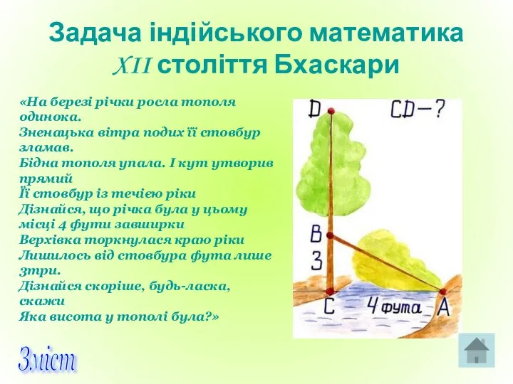 Задача індійського математика XII століття Бхаскари «На березі річки росла тополя