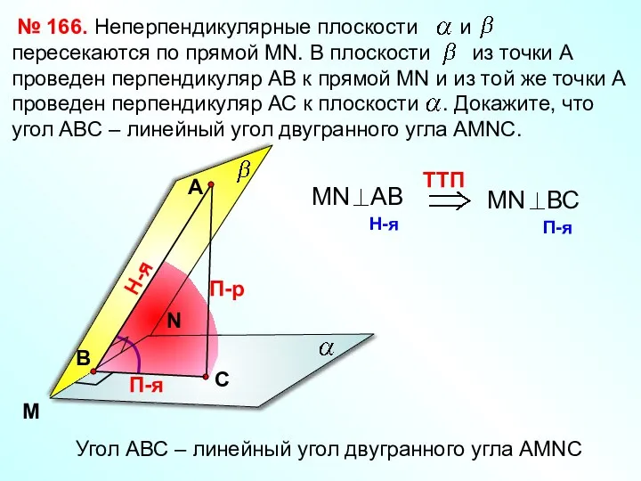 № 166. M N А П-р Н-я П-я Угол АВС – линейный угол двугранного угла АМNC