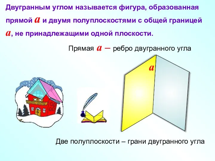 Двугранным углом называется фигура, образованная прямой a и двумя полуплоскостями с