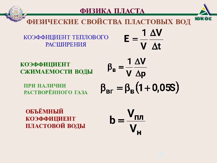 ФИЗИКА ПЛАСТА ФИЗИЧЕСКИЕ СВОЙСТВА ПЛАСТОВЫХ ВОД КОЭФФИЦИЕНТ ТЕПЛОВОГО РАСШИРЕНИЯ КОЭФФИЦИЕНТ СЖИМАЕМОСТИ