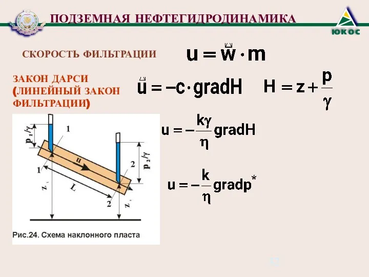 ПОДЗЕМНАЯ НЕФТЕГИДРОДИНАМИКА СКОРОСТЬ ФИЛЬТРАЦИИ ЗАКОН ДАРСИ (ЛИНЕЙНЫЙ ЗАКОН ФИЛЬТРАЦИИ)