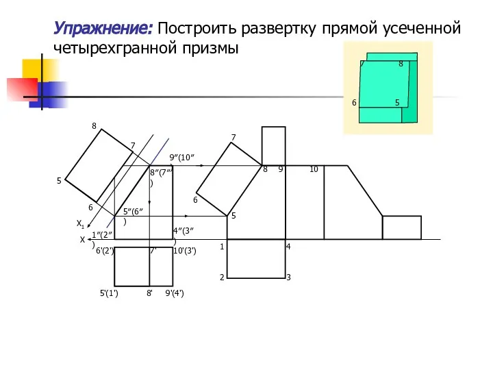 Упражнение: Построить развертку прямой усеченной четырехгранной призмы 1″(2″) 4″(3″) 5″(6″) 8″(7″)