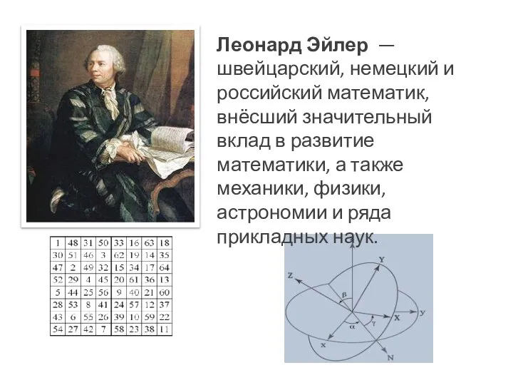k Леонард Эйлер — швейцарский, немецкий и российский математик, внёсший значительный